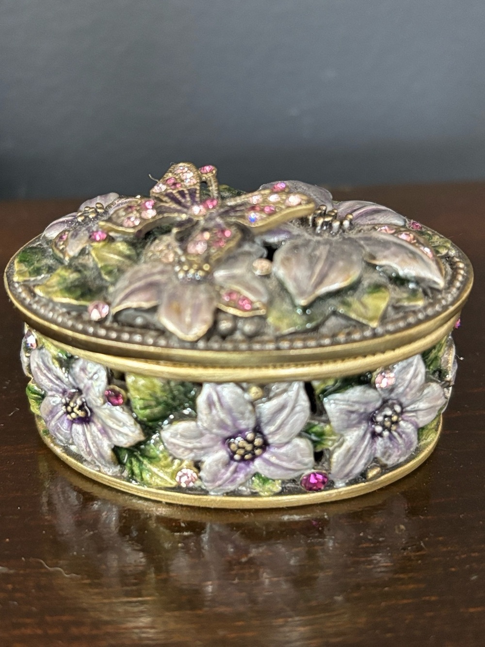 Bejeweled Butterfly Floral Trinket Box Vintage Antique Enameled Magnetic Lid